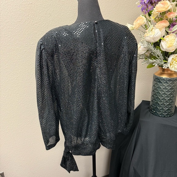 R&K Evenings Black Sequin Metallic Blouse 20W Long Sleeve Party Holiday Top - Picture 4 of 8